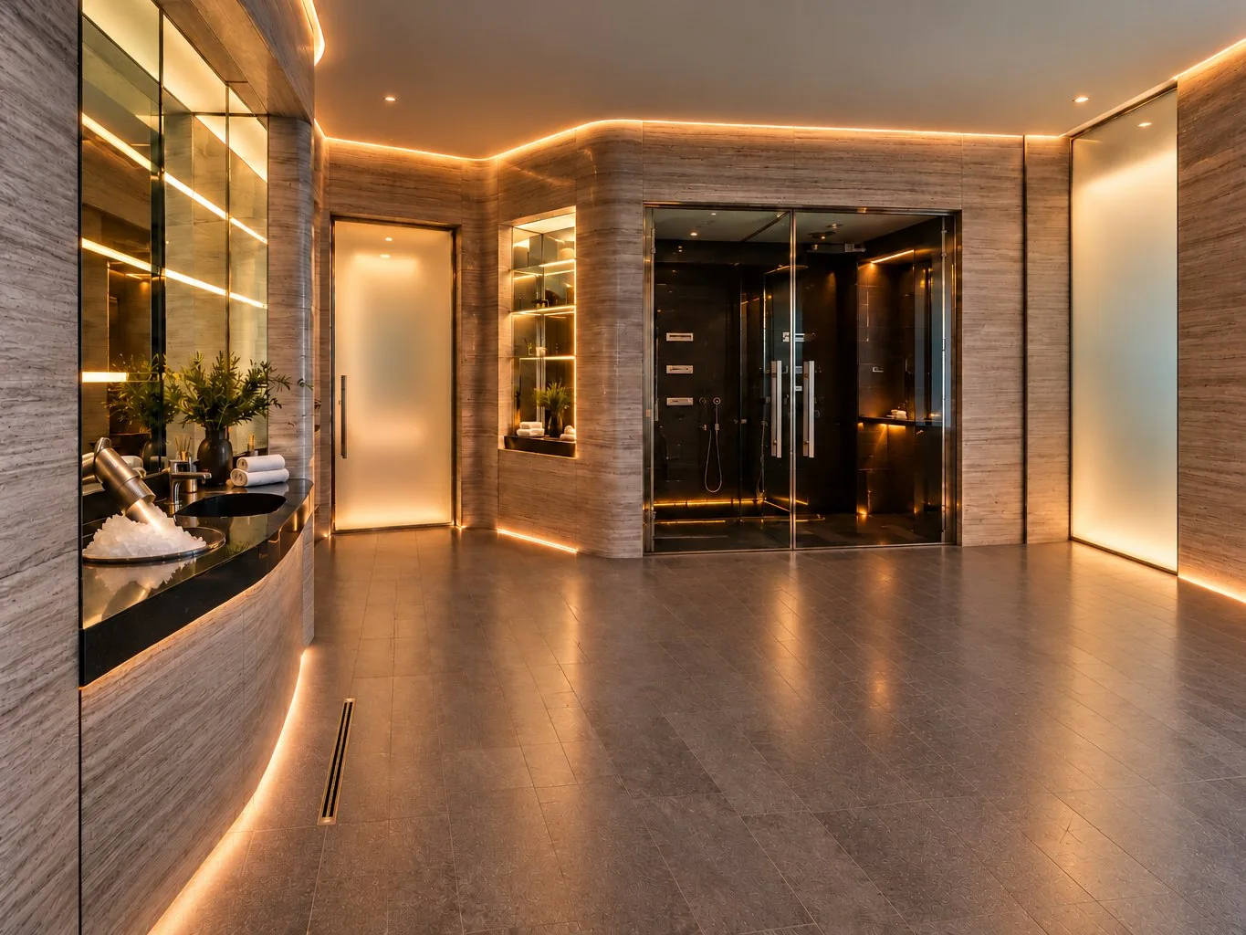 Warmly lit spa bathroom